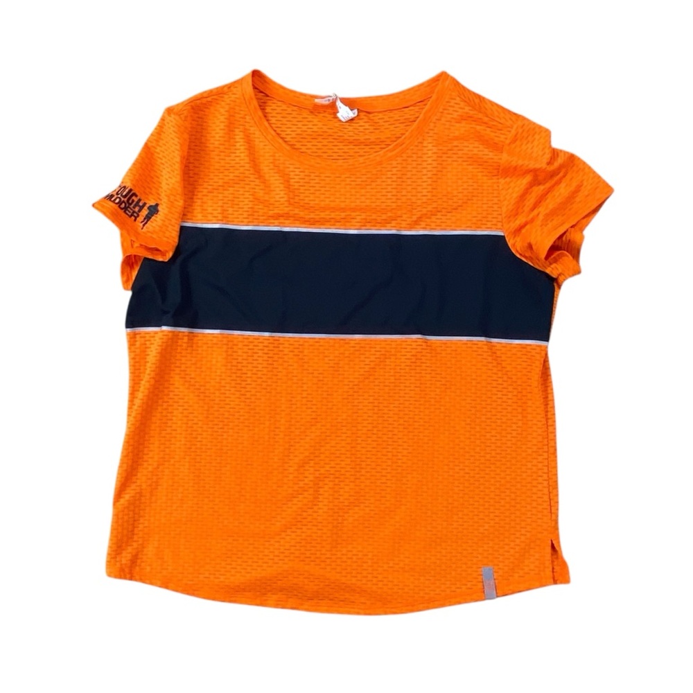 Woman’s Under Armour heat gear “tough mudder” orange and black top size L